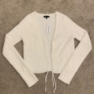 Kendall & Kylie White Fuzzy Tie Front Cardigan Medium